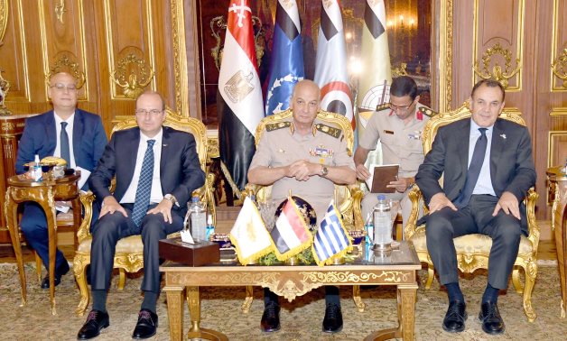 Trilateral meeting of the ministers of defense of Egypt, Cyprus, and Greece in Cairo on June 20, 2022. Press Photo