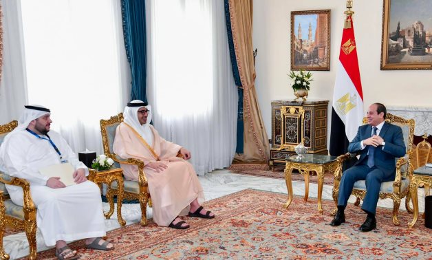 Egyptian President Abdel Fattah El-Sisi met on Sunday with Minister of Foreign Affairs and International Cooperation of the United Arab Emirates, Sheikh Abdullah bin Zayed Al Nahyan- press photo