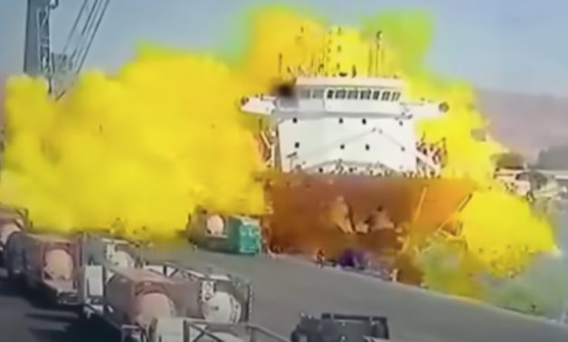 A screenshot of a video showing the Aqaba gas tanker explosion 