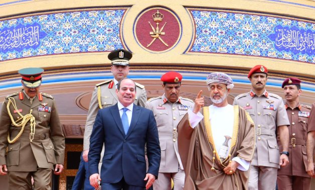 President Abdel Fatah al-Sisi and Sultan of Oman Haitham Bin Tarek al-Said at Al Elm Al Amer Castle in Muscat on June 28, 2022. Press Photo 