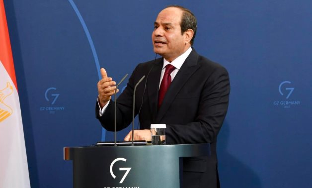 File- President Abdel Fattah El Sisi gives a speech in a press conference with Germany Chancellor Olaf Scholz in Berlin 0n July 18, 2022- Press photo 