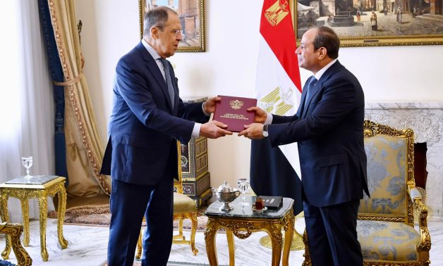 Russian Minister of Foreign Affairs Sergei Lavrov delivering a message from Russian President Vladimir Putin to Egyptian President Abdel Fatah al-Sisi in Cairo on July 24, 2022. Press Photo