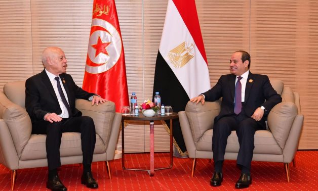 Meeting of President Abdel Fatah al-Sisi and his Tunisian counterpart Qais Said on the sidelines of the 31st Arab Summit held in Algeria. November , 2022. Press Photo