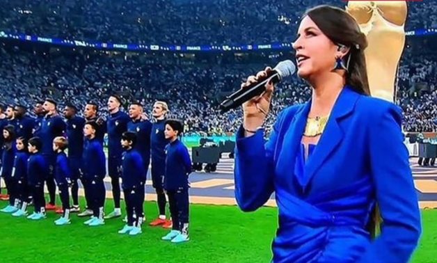 File: Egyptian mezzo-soprano Farrah El Dibany singing the French national anthem in the World Cup grand finale.