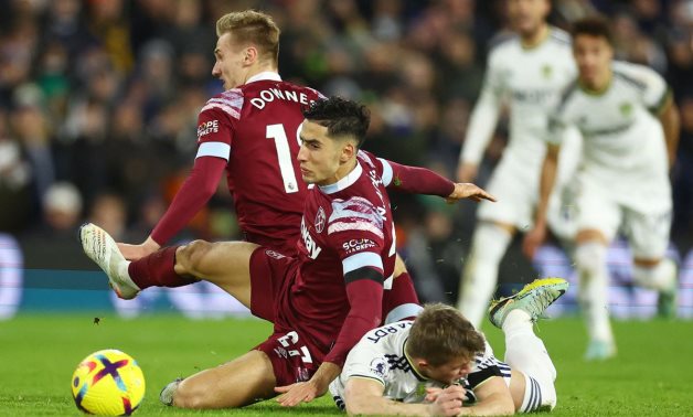 West Ham United's Nayef Aguerd and Flynn Downes in action with Leeds United's Joe Gelhardt REUTERS/Carl Recine 