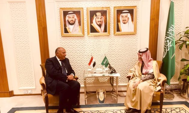 Minister of Foreign Affairs Sameh Shokry and his Saudi counterpart Prince Faisal Bin Farhan in in Riyadh, Saudi Arabia. January 12, 2023. Press Photo