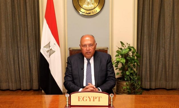 Egypt's Foreign Minister Sameh Shoukry delivers a speech via videoconference on Friday during the Voice of Global South summit - Foreign Ministry