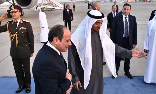  President Sisi is welcomed by the UAE President Mohammed bin Zayed Al Nahyan in Abu Dhabi on Feb. 12, 2023- press photo