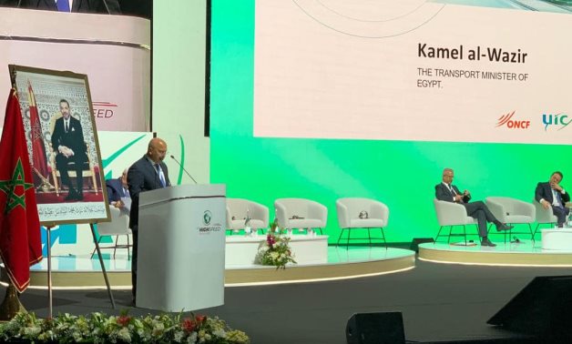 Egyptian Minister of Transport Kamel El Wazir speaks during the World High Speed Rail Conference in Marrakesh, Morocco. Ministry of Transport