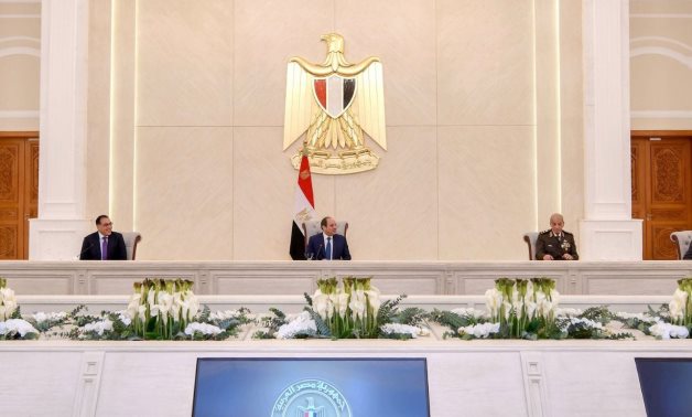 Egypt’s President Abdel Fattah El-Sisi holds a meeting with Prime Minister Mostafa Madbouly and the Cabinet members at the Strategic Leadership Center in the New Administrative Capital on Thursday – Presidency
