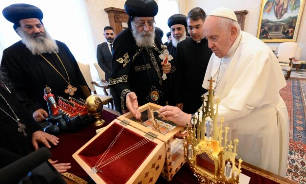 Pope Tawadros II gives belongings of Coptic Christian Martyrs who were killed by ISIS in Libya to Pope Francis during the first’s visit to Rome on May 11- photo from Pope Francis’ Twitter account.