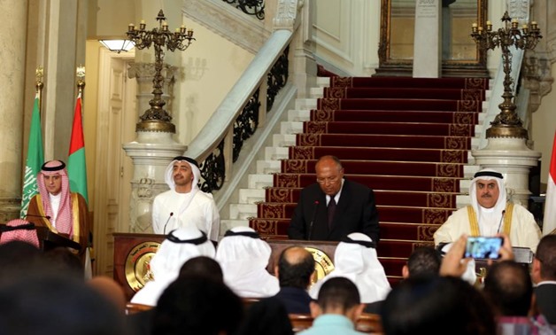 Saudi FM Adel al-Jubeir , UAE FM Abdullah bin Zayed al-Nahyan , Egyptian FM Sameh Shoukry and Bahraini FM Khalid bin Ahmed al-Khalifa in Cairo on July 5 -REUTERS