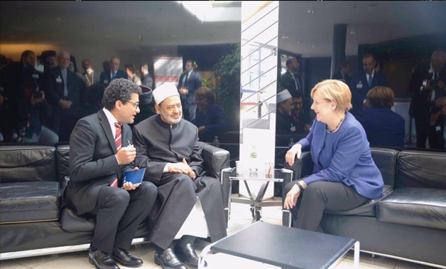  Grand Imam of Azhar Shiekh Ahmed el-Tayeb meets German Chancellor Angela Mirkel on Sundat at Munster, Germany - courtesy to Azhar official Facebook page