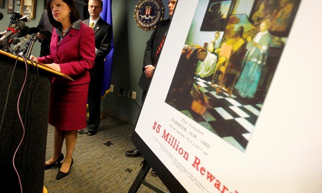 United States Attorney Carmen Ortiz speaks during a press conference at the FBI's Boston Field Office held to appeal to the public for help in returning artwork stolen in 1990 from the Isabella Stewart Gardner Museum in Boston, Massachusetts, U.S. on Marc