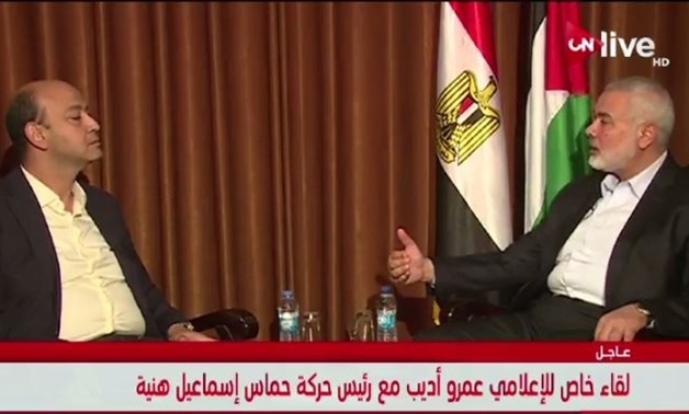 Palestinian resistance Movement Hamas's chief Ismail Haniyeh during a TV interview in Ramallah - Screenshot of ON E TV Channel
