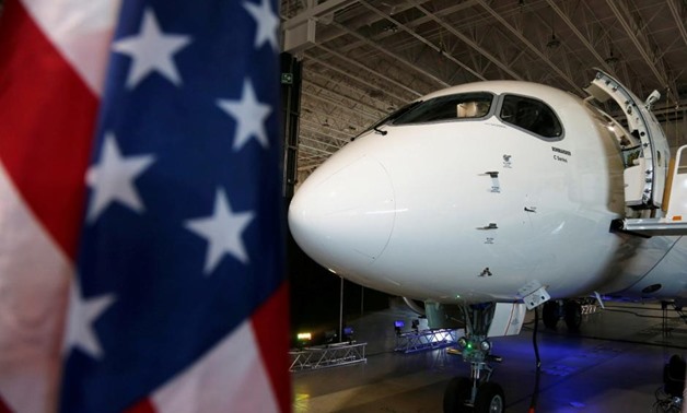 A Bombardier CS100 aircraft sits in their hangar after a news conference announcing a contract with Delta Air Lines, in Mirabel, Quebec, Canada April 28, 2016. REUTERS/Christinne Muschi/File Photo
