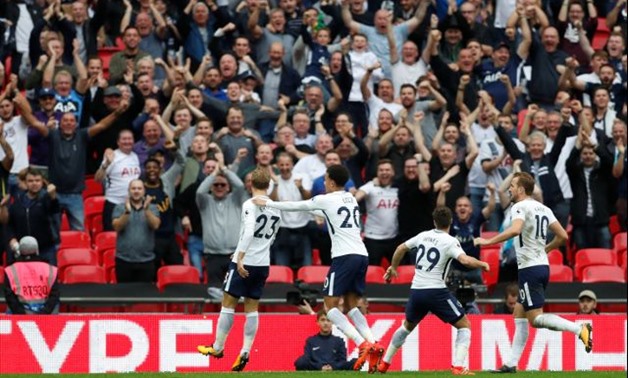 Tottenham's Christian Eriksen celebrates scoring their first goal with Dele Alli, Harry Winks and Harry Kane Action Images via Reuters
