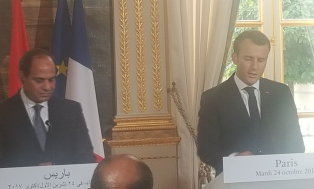 Egypt President Abdel Fatah al-Sisi and his French Counterpart Emmanuel Macron during a joint press conference held Tuesday in the Elysee Palace - Photo by Mohamed el-Galy / Egypt Today