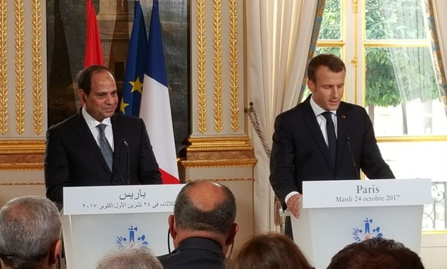 Egypt President Abdel Fatah al-Sisi and his French Counterpart Emmanuel Macron during a joint press conference held Tuesday in the Elysee Palace - Press photo