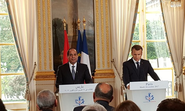 Egypt President Abdel Fatah al-Sisi and his French Counterpart Emmanuel Macron during a joint press conference held Tuesday in the Elysee Palace - Press photo