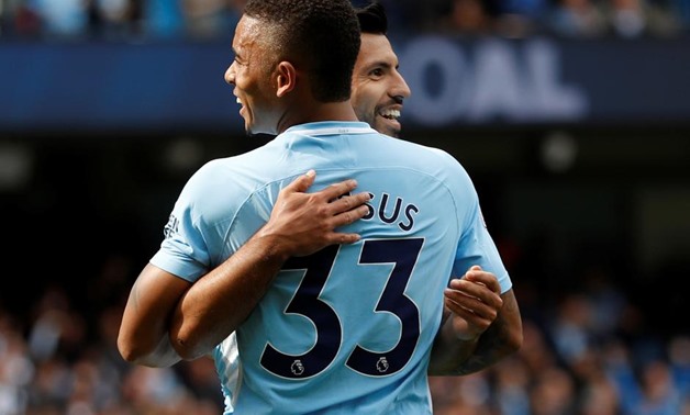 Soccer Football - Premier League - Manchester City vs Liverpool - Manchester, Britain - September 9, 2017 Manchester City's Gabriel Jesus celebrates scoring their third goal with Sergio Aguero Action Images via Reuters/Lee Smith