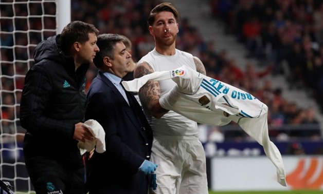 La Liga Santander - Atletico Madrid v Real Madrid - Wanda Metropolitano, Madrid, Spain - November 18, 2017 Real Madrid’s Sergio Ramos with a injury to his nose REUTERS