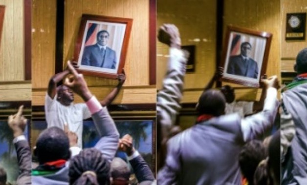 © AFP / by Ben SHEPPARD | This combination of pictures shows the removal of Robert Mugabe's portrait, after his resignation as president on November 21, 2017, from a wall in the conference centre where MPs had gathered to impeach him