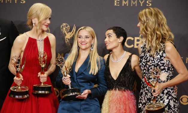 69th Primetime Emmy Awards – Photo Room – Los Angeles, California, U.S., 17/09/2017 - Nicole Kidman, Reese Witherspoon, Zoe Kravitz, Laura Dern pose with their Emmy for Outstanding Limited Series for Big Little Lies. REUTERS/Lucy Nicholson