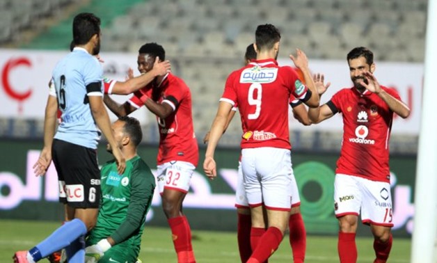 FILE - Al Ahly players celebrating a goal
