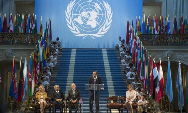 Secretary-General Ban Ki-moon (at podium) addresses a ceremony commemorating the 70th anniversary of the adoption of the UN Charter in San Francisco in 2015. UN Photo/Mark Garten

