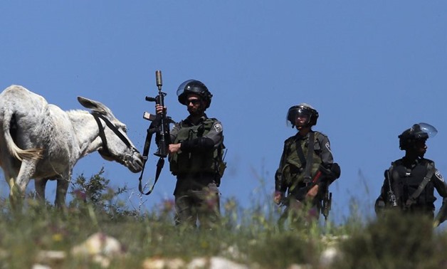 A donkey checks the weapon of an Israeli border guard during clashes with Palestinian stone throwers following a weekly demonstration against settlement expansion, Nebi Salah, April 18, 2014 – AFP
