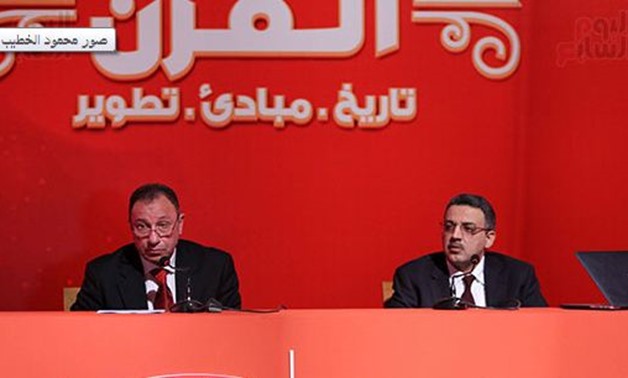 FILE – Al Ahly’s president Mahmoud El Khatib with ‘Sela’ agency’s president Rakan El Harthy in Sunday’s press conference