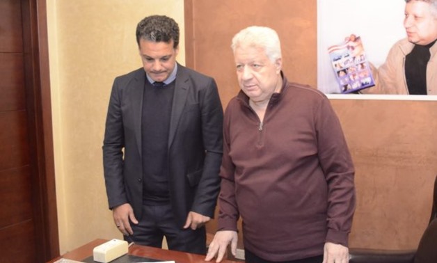 FILE – Zamalek new coach Ehab Galal with Zamalek’s president Mortada Mansour