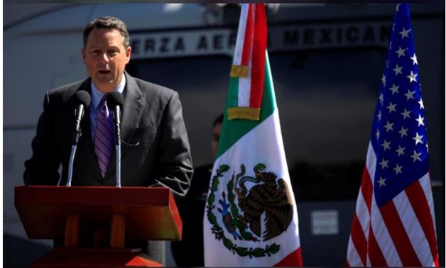 FILE PHOTO: U.S. Deputy Chief of Mission John Feeley in Mexico speaks during a ceremony at a hangar of the Secretariat of National Defense in Mexico City, Mexico November 8, 2010. REUTERS/Eliana Aponte/File Photo
