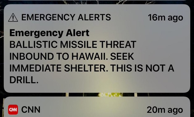 A screen capture from a Twitter account showing a missile warning for Hawaii, U.S., January 13, 2018 in this picture obtained from social media. Courtesy of TWITTER @valeriebeyers/via REUTERS