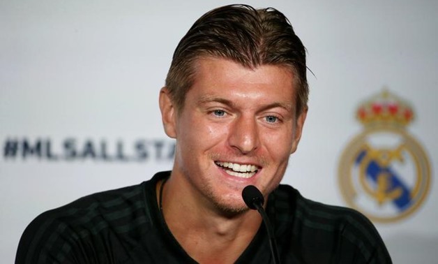 Aug 1, 2017; Chicago, IL, USA; Real Madrid midfielder Toni Kroos speaks during a joint team press conference one day before the MLS All Star Game at Soldier Field. Mandatory Credit: Peter Casey-USA TODAY Sports