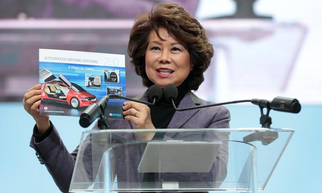 U.S. Secretary of Transportation Elaine Chao speaks ahead of Press Days of the North American International Auto Show at Cobo Center in Detroit, Michigan, U.S., January 14, 2018. REUTERS/Rebecca Cook