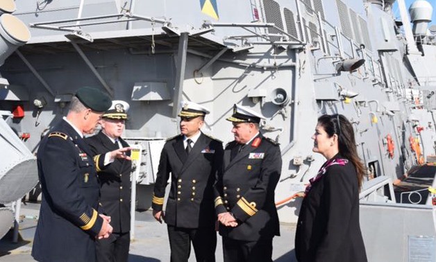 USS Carney Commander Peter Halvorsen (2nd from left) gives a tour of the ship to Major General Ralph Groover, Rear Admiral Ehab Sobhy, Commander Hisham Zaher, and DCM Dorothy Shea – Press Photo