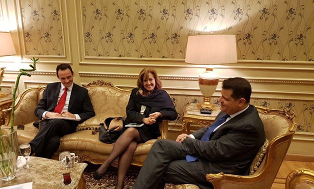 Chairman of the Egyptian Parliament's Foreign Affairs Tarek Radwan meets with the Portuguese Ambassador to Egypt, Madalena Fischer, January 21, 2018 - Press Photo