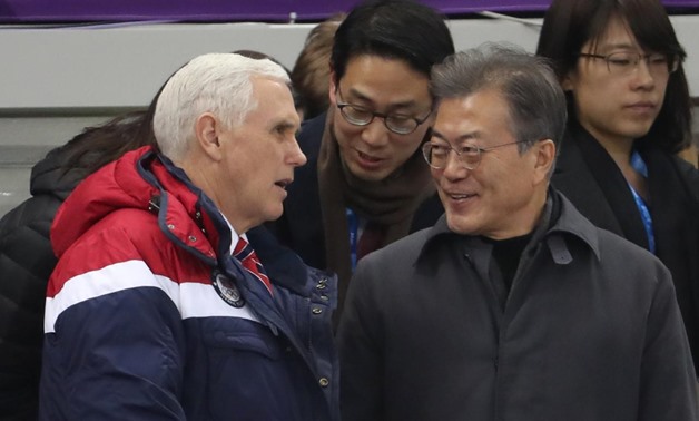 Short Track Speed Skating Events – Pyeongchang 2018 Winter Olympics – Men’s 1500m Competition – Gangneung Ice Arena - Gangneung, South Korea – February 10, 2018 - U.S. Vice President Mike Pence and South Korea's President Moon Jae-in attend. REUTERS/Damir
