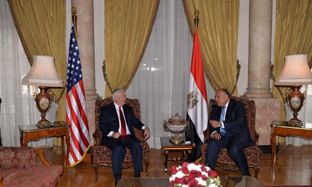 Egypt's Foreign Minister Sameh Shoukry recieves U.S. Secretary of State Rex Tillerson at Tahrir Palace, central Cairo on Feb 12, 2018- Press Photo