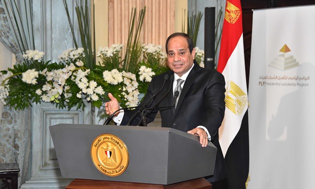 President Abdel Fatah al-Sisi is giving a speech after having breakfast with a group of PLP students during the month of Ramadan on June 20, 2016- Press Photo