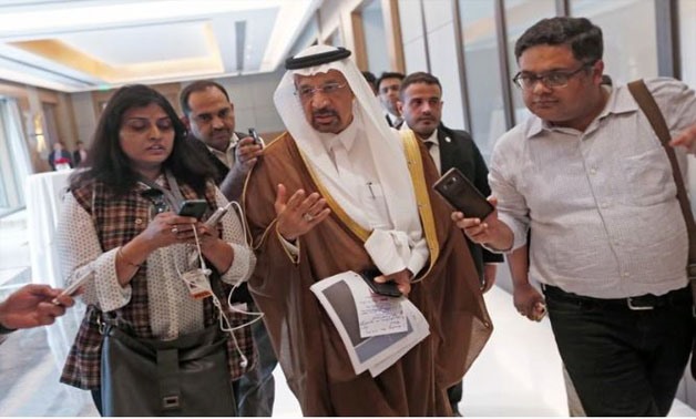 Saudi Arabia's Energy Minister Khalid al-Falih (C) talks to the media as he leaves after a meeting in New Delhi, India, February 23, 2018 - REUTERS/Adnan Abidi