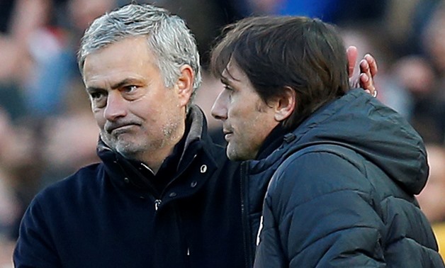 Soccer Football - Premier League - Manchester United vs Chelsea - Old Trafford, Manchester, Britain - February 25, 2018 Manchester United manager Jose Mourinho with Chelsea manager Antonio Conte after the match REUTERS/Andrew Yates 