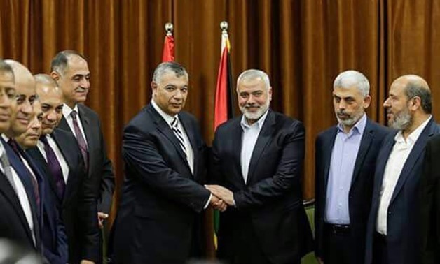 Hamas Leader Ismail Haniyeh receives Egypt's Intelligence Chief Khaled Fawzy in Gaza on October 3, 2017- Press Photo
