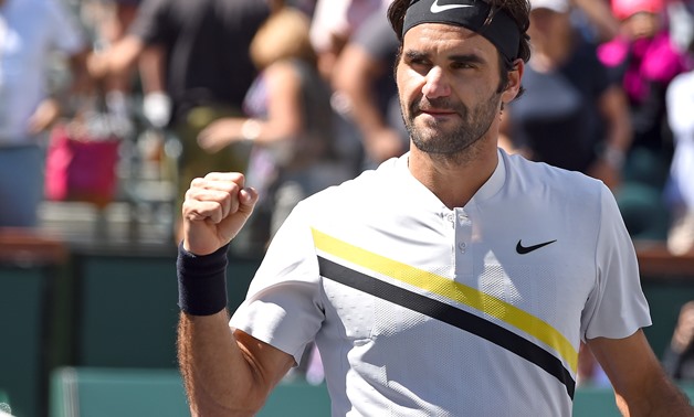 Mar 17, 2018; Indian Wells, CA, USA; Roger Federer (SUI) pumps his fist as he defeated Borna Coric (not pictured) during his semifinal match in the BNP Paribas Open at the Indian Wells Tennis Garden. Mandatory Credit: Jayne Kamin-Oncea-USA TODAY Sports