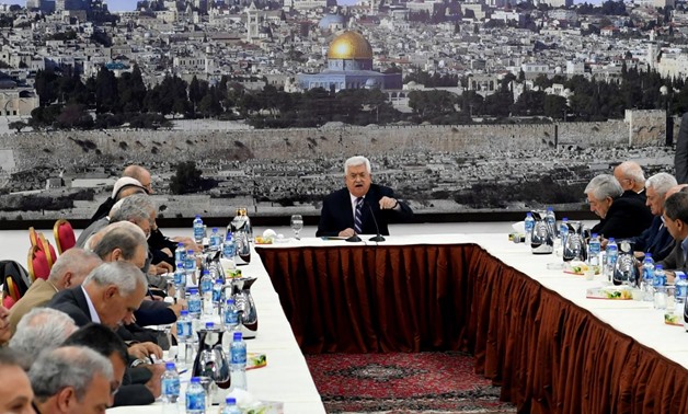 Palestinian President Mahmoud Abbas gestures as he speaks during a meeting with the Palestinian leadership in Ramallah, in the occupied West Bank March 19, 2018. Palestinian President Office (PPO)/Handout via REUTERS