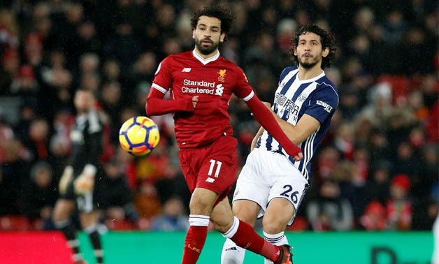 Soccer Football - Premier League - Liverpool vs West Bromwich Albion - Anfield, Liverpool, Britain - December 13, 2017 Liverpool's Mohamed Salah in action with West Bromwich Albion’s Ahmed Hegazi REUTERS/Andrew Yates