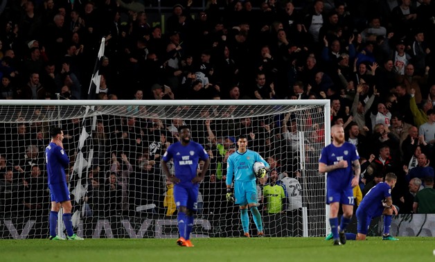 Soccer Football - Championship - Derby County v Cardiff City - Pride Park, Derby, Britain - April 24, 2018 Cardiff City's Neil Etheridge looks dejected after Derby County's second goal Action Images/Andrew Boyers 