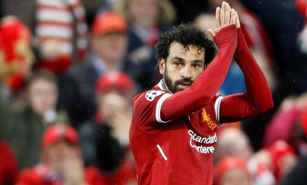Soccer Football - Champions League Semi Final First Leg - Liverpool vs AS Roma - Anfield, Liverpool, Britain - April 24, 2018 Liverpool's Mohamed Salah celebrates scoring their first goal Action Images via Reuters/Carl Recine